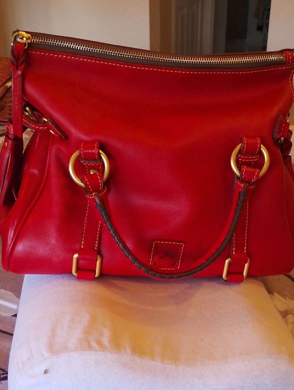 Dooney And Burke Red Leather Satchel Bag with Gold Hardware